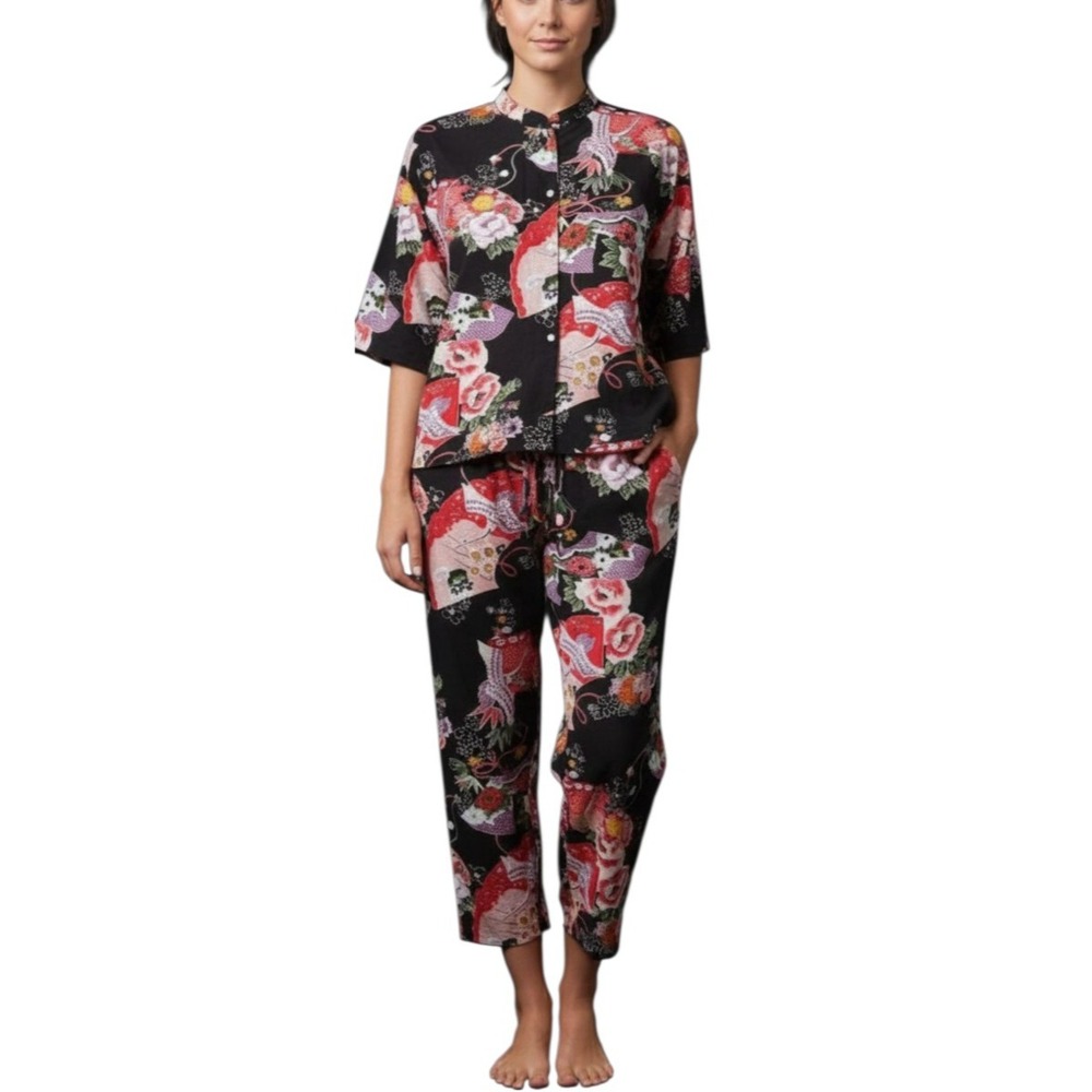 NATORI Black/Multi JAPANESE CRANE & FLORAL PRINT Lounge Pajama Set TOP/PANTS XL